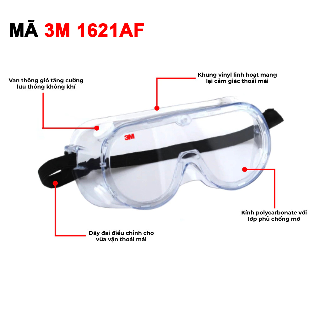 Kính chống hóa chất 3M 1621 - 1621AF chống văng bắn hoá chất, bụi, chống tia UV, chống đọng sương