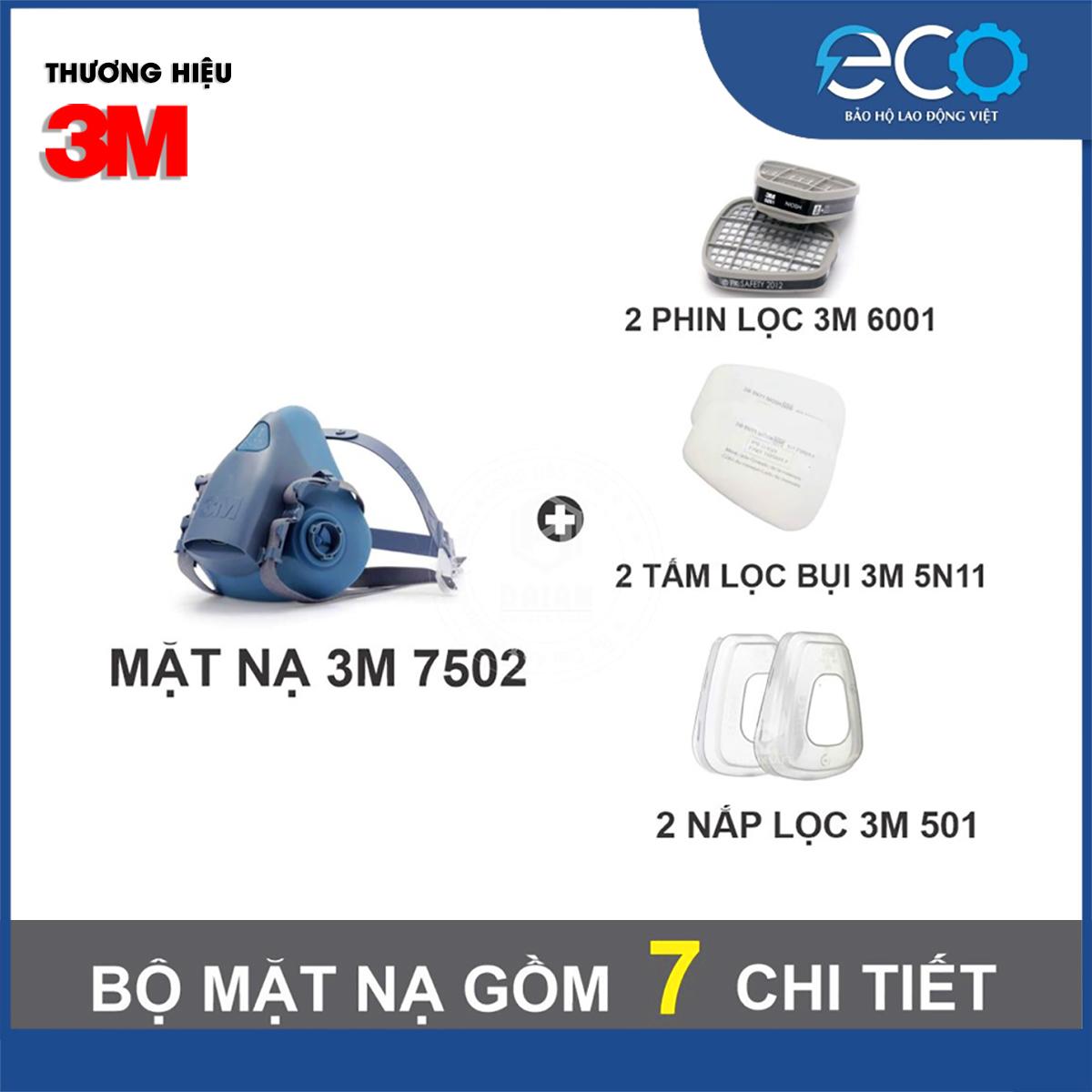 Combo (7 món) mặt nạ phòng độc 3M 7501, 7502 kết hợp phin lọc 3M 6001, tấm lọc bụi 5N11 cùng nắp giữ 501