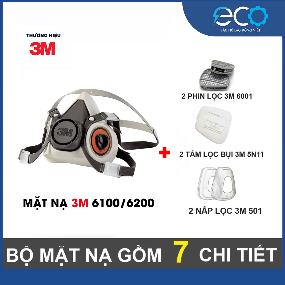 Combo (7 món) mặt nạ phòng độc 3M 6100/6200/6300 với phin lọc 3M 6001 kết hợp tấm lọc bụi 5N11 cùng nắp giữ 501. Mặt nạ chống bụi, chống độc, dùng phun sơn, phun thuốc