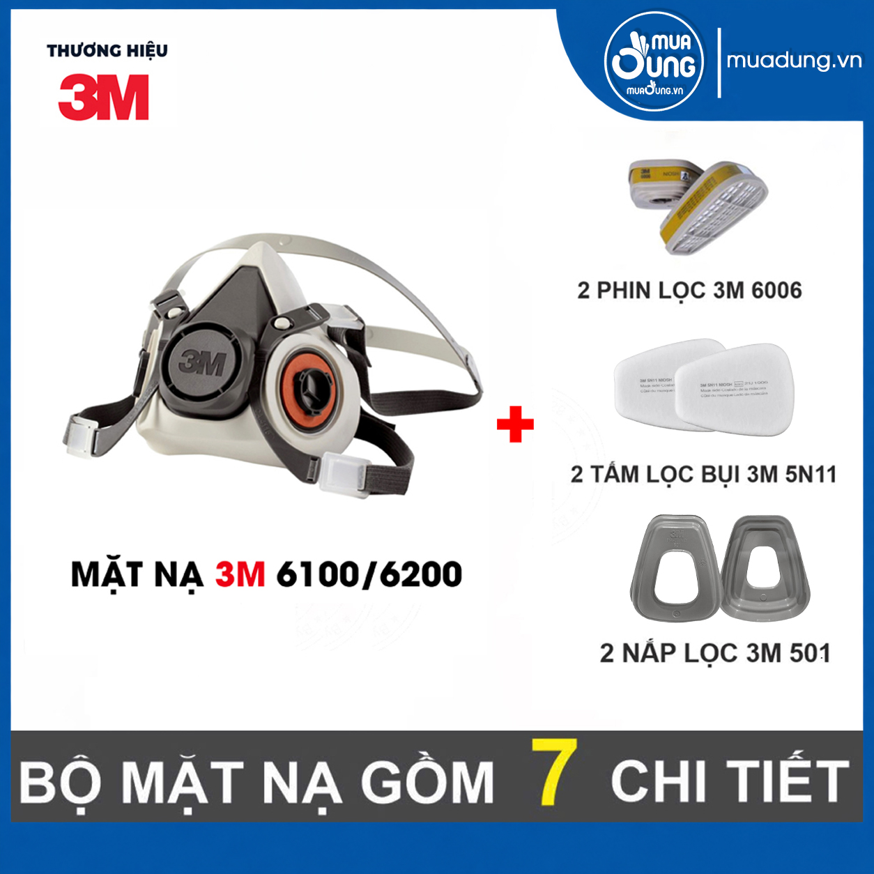 Combo 7 món mặt nạ phòng độc 3M 6100/6200 + Phin 6006, tấm lọc 5N11, nắp 501 – lọc hơi hữu cơ, amoniac, formaldehit, hF