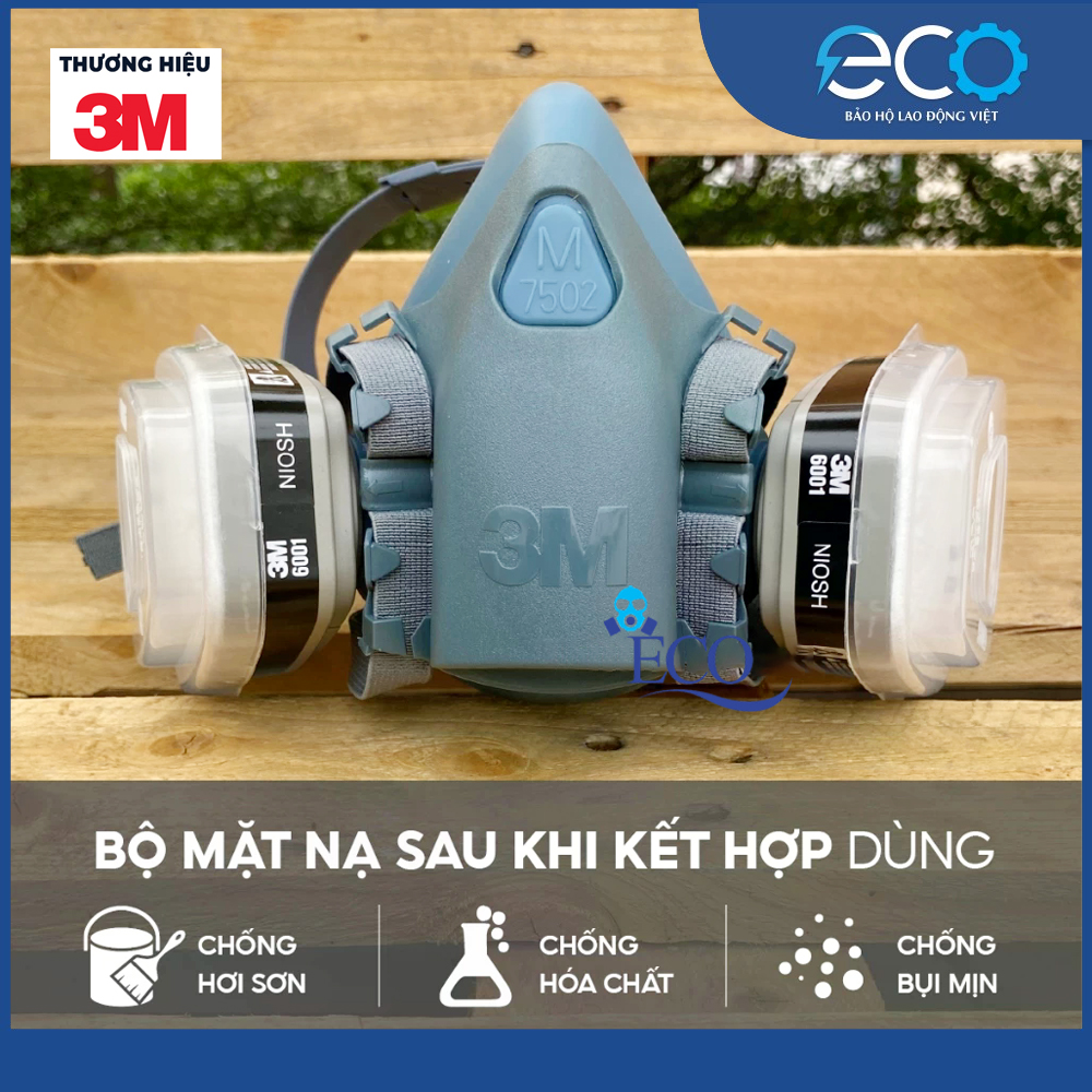 Combo (7 món) mặt nạ phòng độc 3M 7501, 7502 kết hợp phin lọc 3M 6001, tấm lọc bụi 5N11 cùng nắp giữ 501