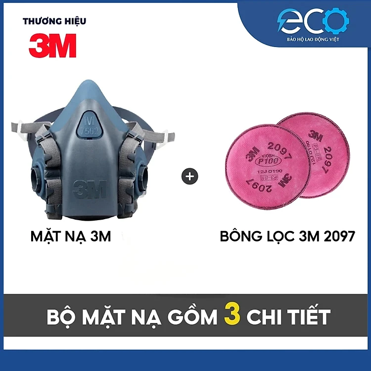 Bộ mặt nạ phòng độc 3M 7501/ 7502 kèm phin 2097 lọc bụi mịn, chống hơi độc, khí hàn cắt đúc kim loại