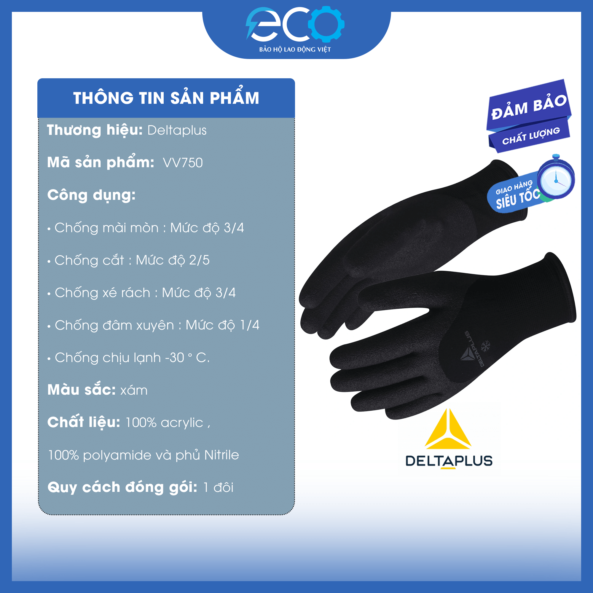 Bao tay phòng lạnh chịu được âm 30 độ C Deltaplus HERCULE VV750