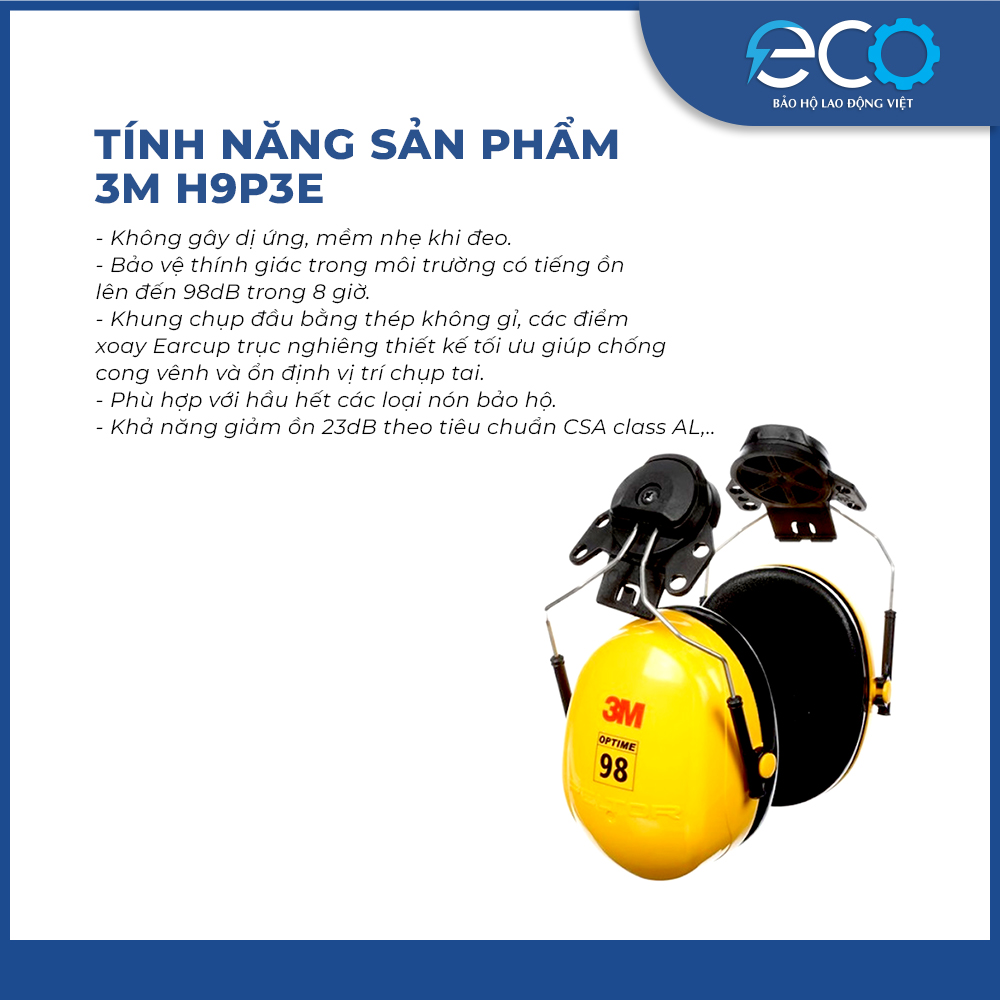 Chụp tai chống ôn 3M H9P3E gắn nón chính hãng – Bảo vệ thính giác, giảm tiếng ồn