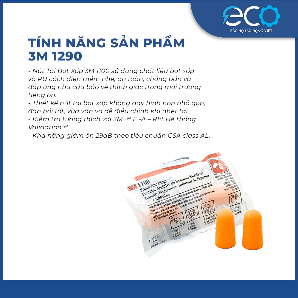 5 cặp nút tai chống ồn 3M 1100 không dây chính hãng – Bọt xốp mềm, giảm ồn 29dB