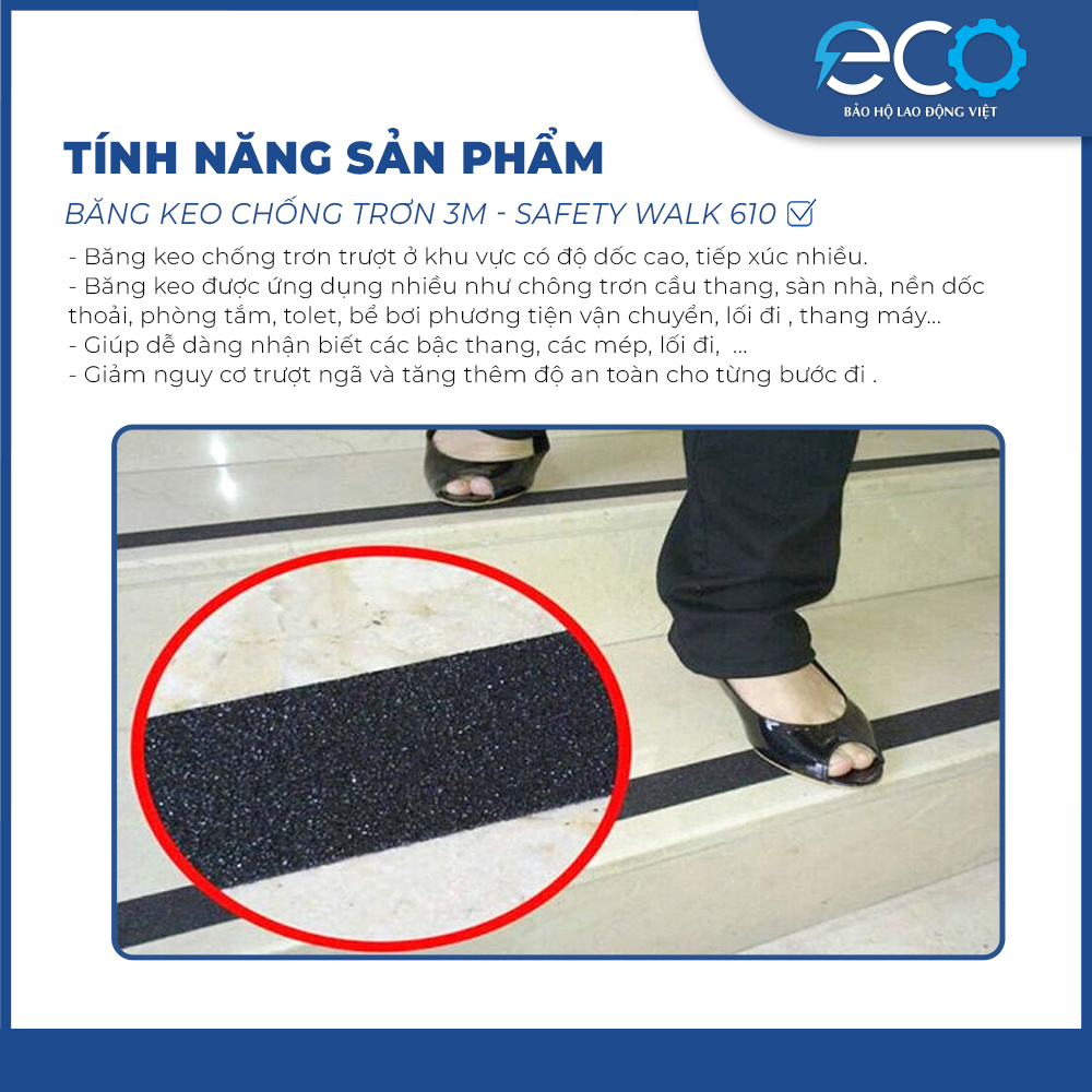 Băng keo chống trơn trượt 3M Safety Walk 610 màu đen – Bề mặt nhám, chống trượt cầu thang và sàn