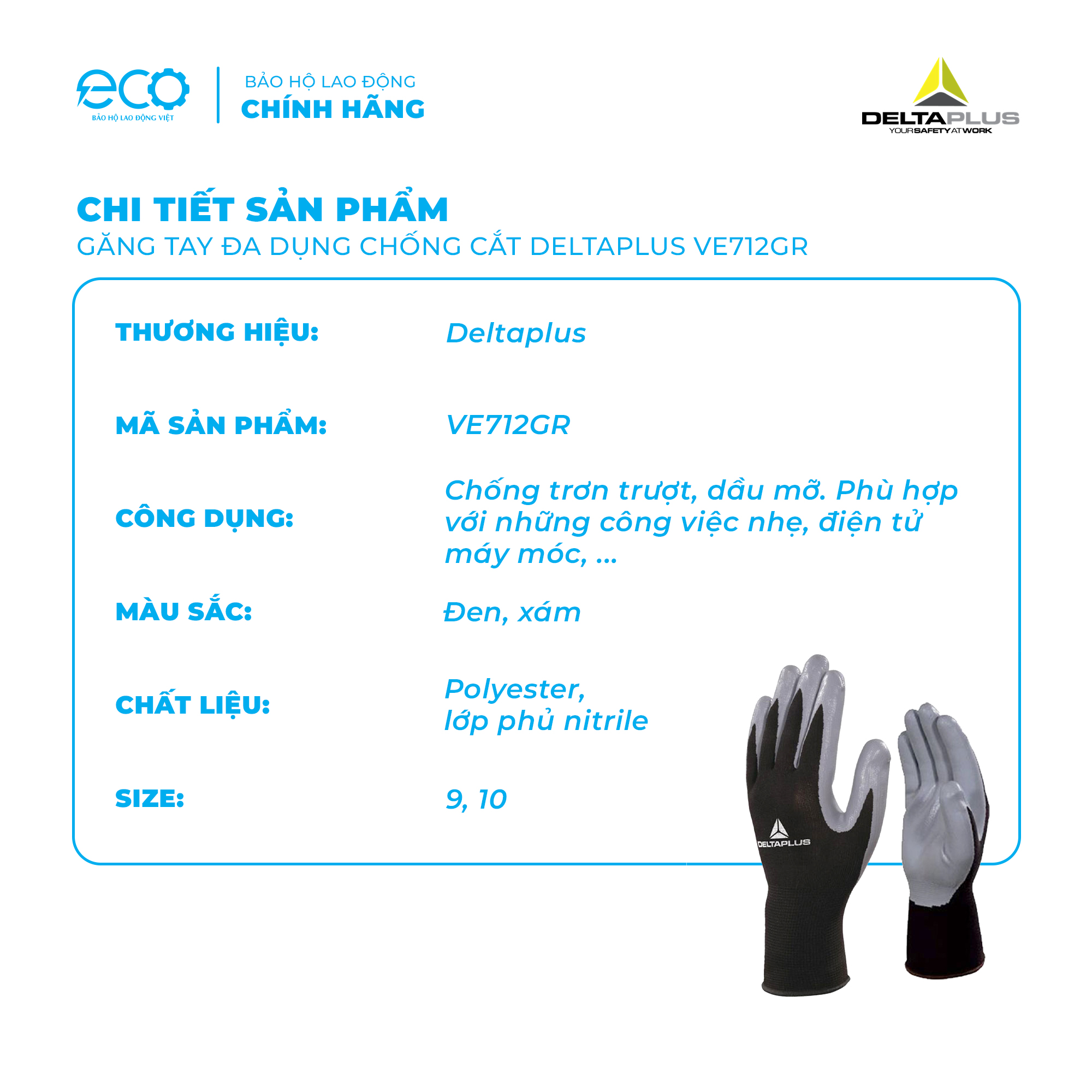 Găng tay bảo hộ đa dụng phủ PU chống cắt, trơn trượt Deltaplus VE712GR