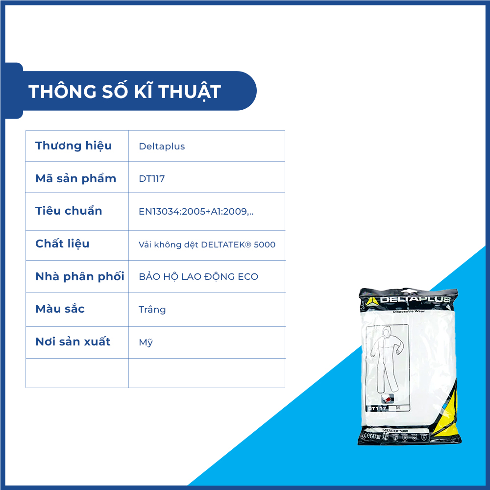 Bộ Quần &Aacute;o Bảo Hộ Deltaplus DT117 &ndash; Chống H&oacute;a Chất, Nhiễm Xạ, Chống Tĩnh Điện, D&ugrave;ng Trong C&ocirc;ng Nghiệp &ndash; Đồ Bảo Hộ To&agrave;n Th&acirc;n