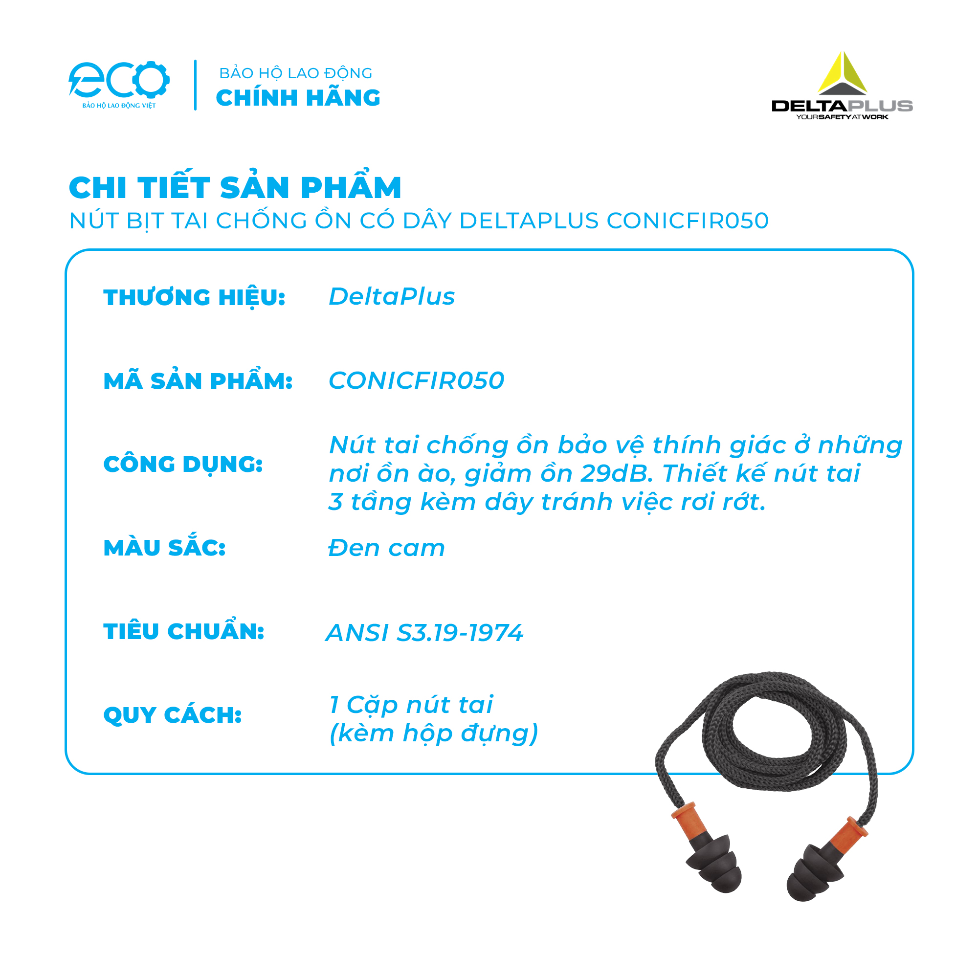 Nút tai chống ồnn 29dB DeltaPlus Conicfir050 chính hãng – có dây, giảm ồn công trường, xưởng cơ khí