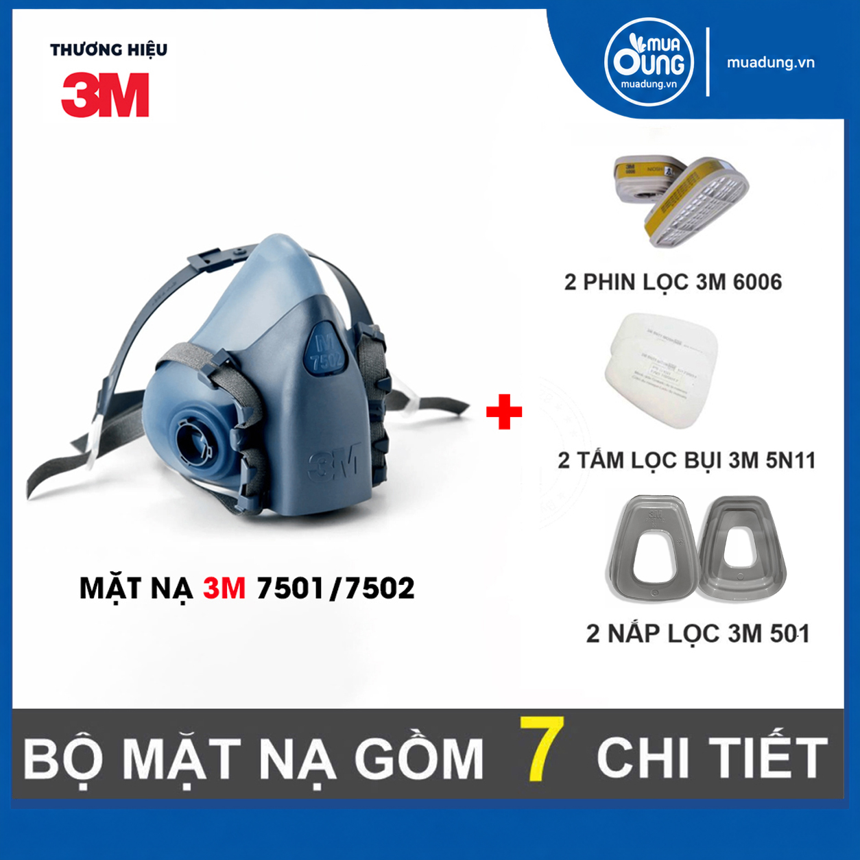 B&ocirc;̣ mặt nạ 3M 7501, 7502 kết hợp phin lọc 3M 6006, tấm lọc bụi 5N11 c&ugrave;ng nắp giữ 501 lọc hơi hữu cơ, kh&iacute; axit, amoniac, d&ugrave;ng phun sơn, h&oacute;a chất