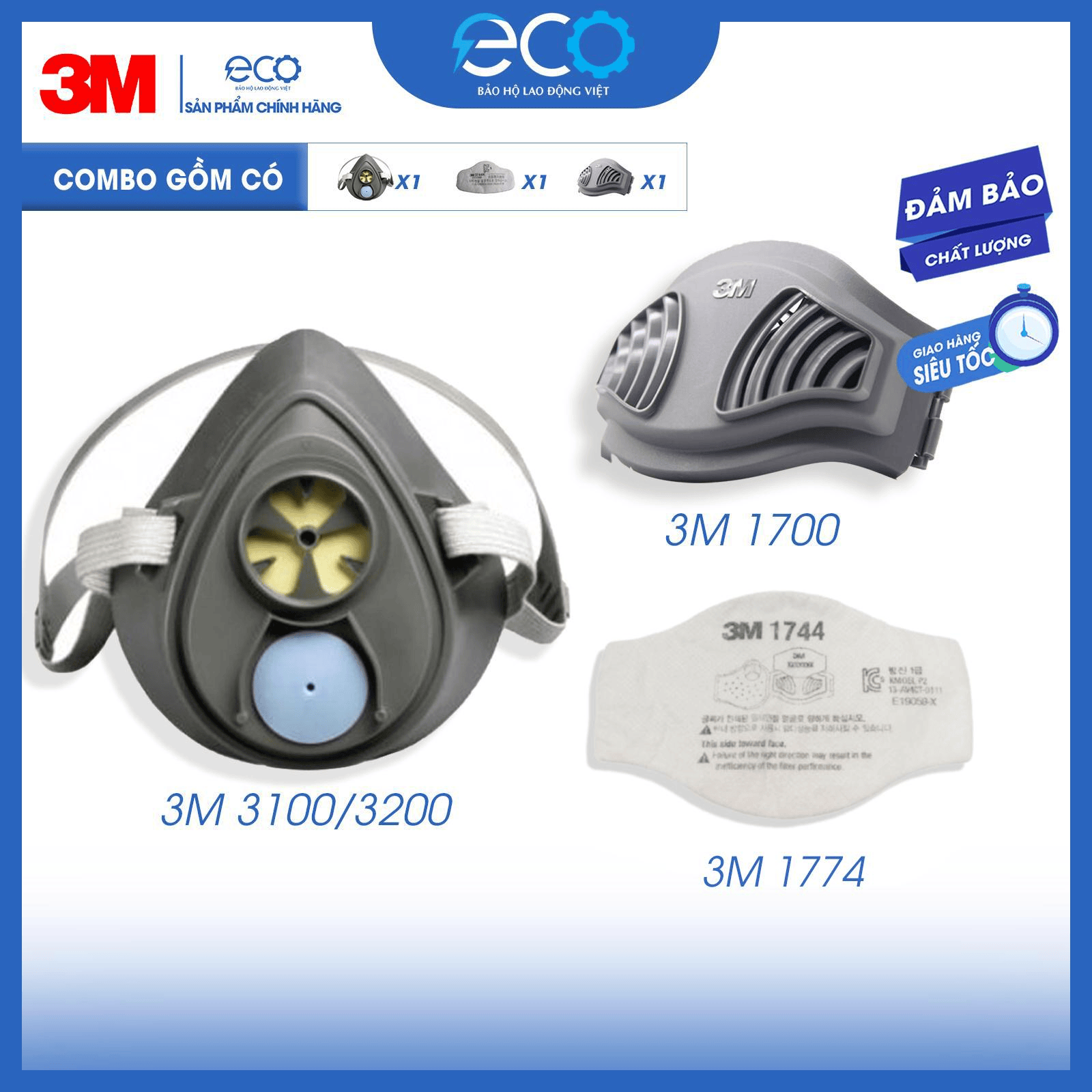 Mặt nạ ph&ograve;ng bụi 3M 3100, 3200 k&egrave;m tấm lọc bụi 3M 1774 v&agrave; nắp giữ tấm lọc bụi 3M 1700