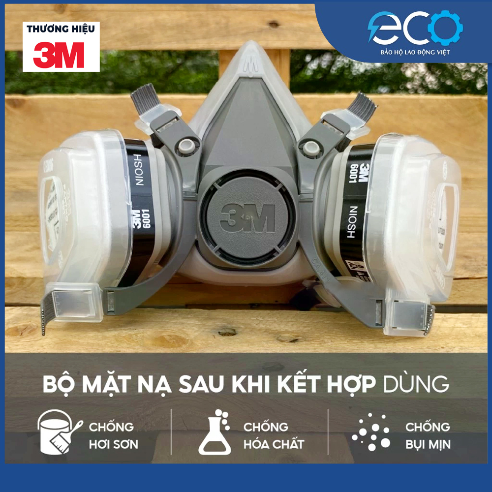 Combo (7 m&oacute;n) mặt nạ ph&ograve;ng độc 3M 6100/6200/6300 với phin lọc 3M 6001 kết hợp tấm lọc bụi 5N11 c&ugrave;ng nắp giữ 501. Mặt nạ chống bụi, chống độc, d&ugrave;ng phun sơn, phun thuốc