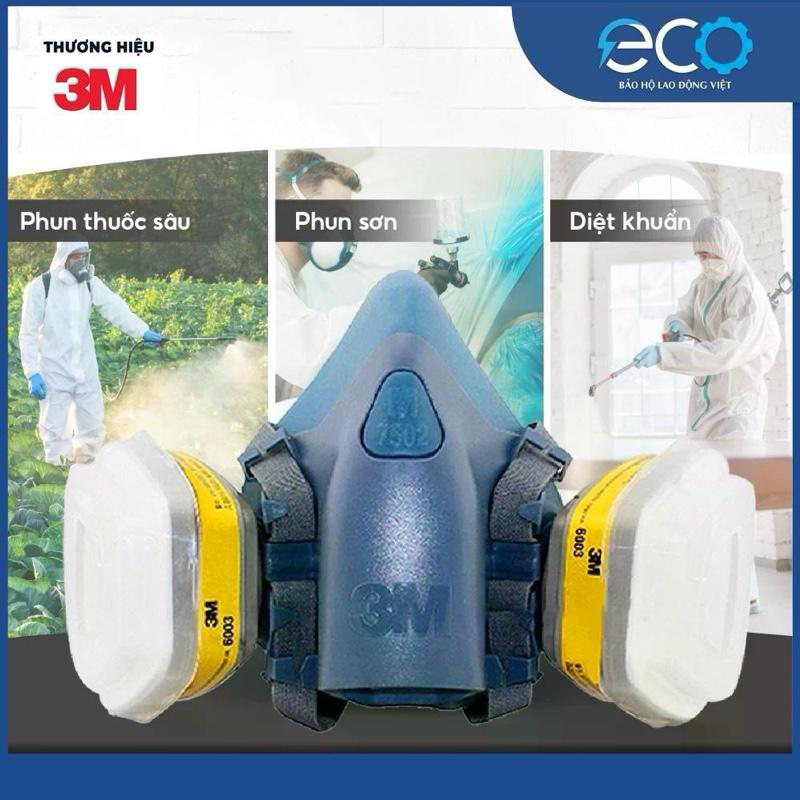 Bộ mặt nạ ph&ograve;ng độc 3M 7501/7502 k&egrave;m phin lọc 3M 6003 + Tấm lọc 5N11 v&agrave; nắp giữ 501 &ndash; Lọc hơi hữu cơ, v&ocirc; cơ 