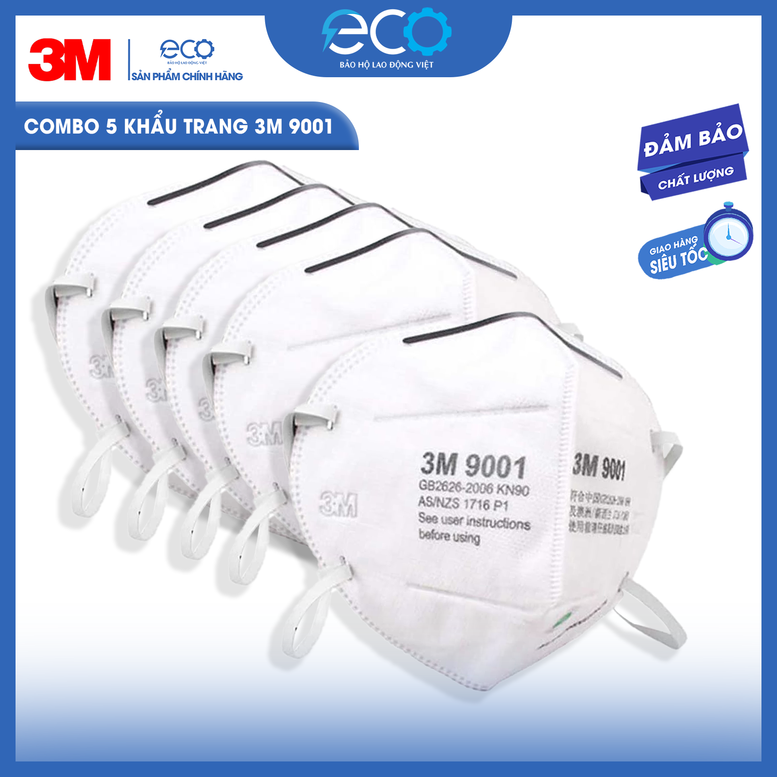 Combo 5 cái khẩu trang chống bụi 3M 9001 chính hãng – Lọc bụi, bảo vệ hô hấp