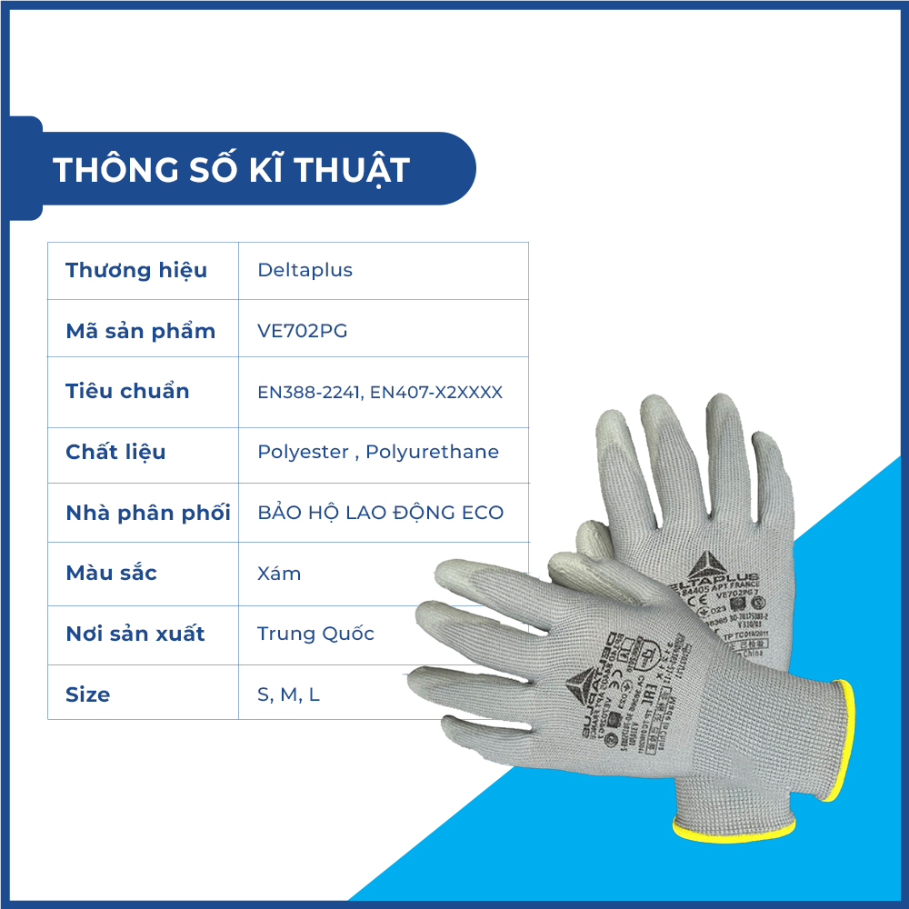 Găng tay bảo hộ lao động Deltaplus VE702PG phủ PU &ocirc;m tay, dễ cầm nắm, chống dầu, sửa chữa, vận h&agrave;nh