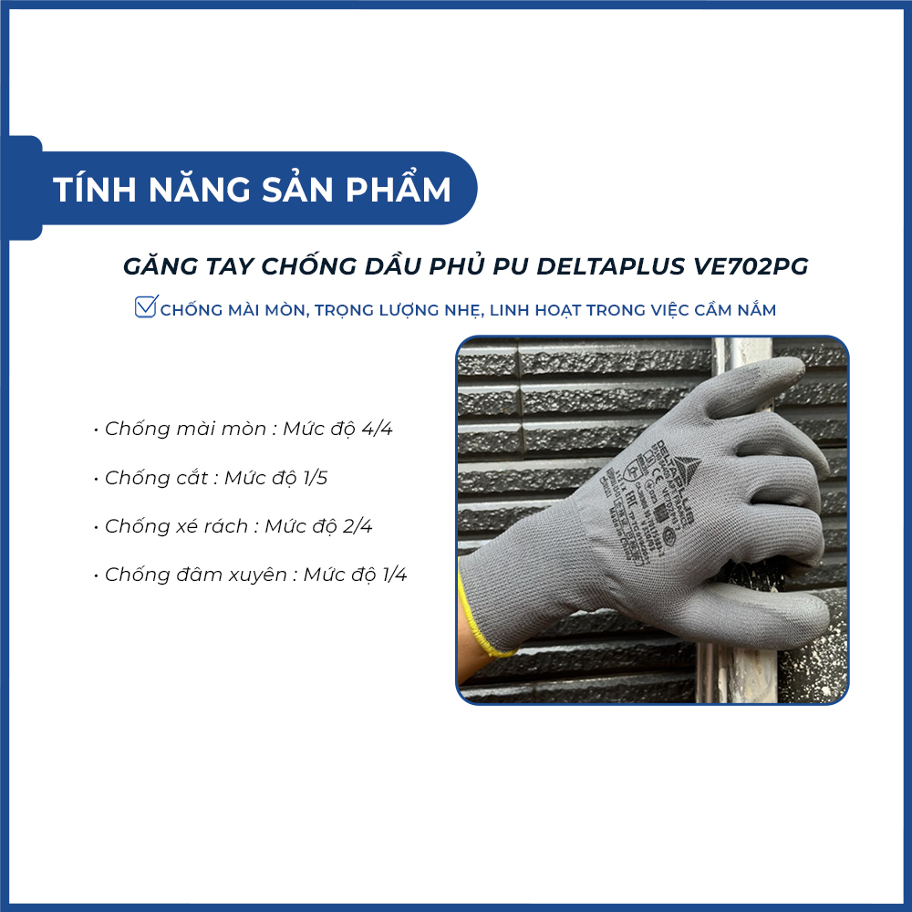 Găng tay bảo hộ lao động Deltaplus VE702PG phủ PU &ocirc;m tay, dễ cầm nắm, chống dầu, sửa chữa, vận h&agrave;nh
