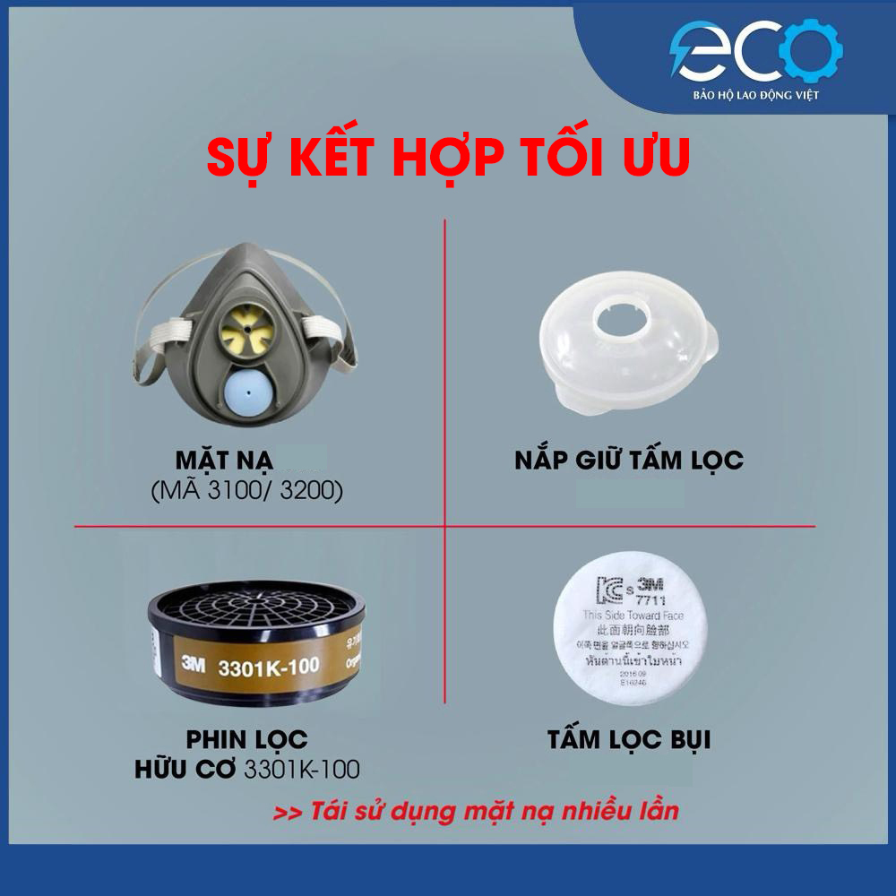 Bộ Mặt Nạ Ph&ograve;ng Độc 3M 3100/3200 K&egrave;m Phin 3301K-100, Tấm Lọc 7711 & Nắp 774
