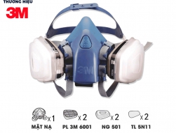 Combo (7 m&oacute;n) mặt nạ ph&ograve;ng độc 3M 7501, 7502 kết hợp phin lọc 3M 6001, tấm lọc bụi 5N11 c&ugrave;ng nắp giữ 501