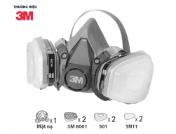 Combo (7 m&oacute;n) mặt nạ ph&ograve;ng độc 3M 6100/6200/6300 với phin lọc 3M 6001 kết hợp tấm lọc bụi 5N11 c&ugrave;ng nắp giữ 501. Mặt nạ chống bụi, chống độc, d&ugrave;ng phun sơn, phun thuốc